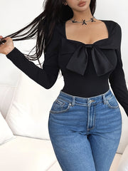 Y2K Style Long Sleeve T-Shirt 1pc - Square Neckline, Large Bowknot Detail, Polyester, Regular Length, Casual Fit for Spring/Summer/Autumn