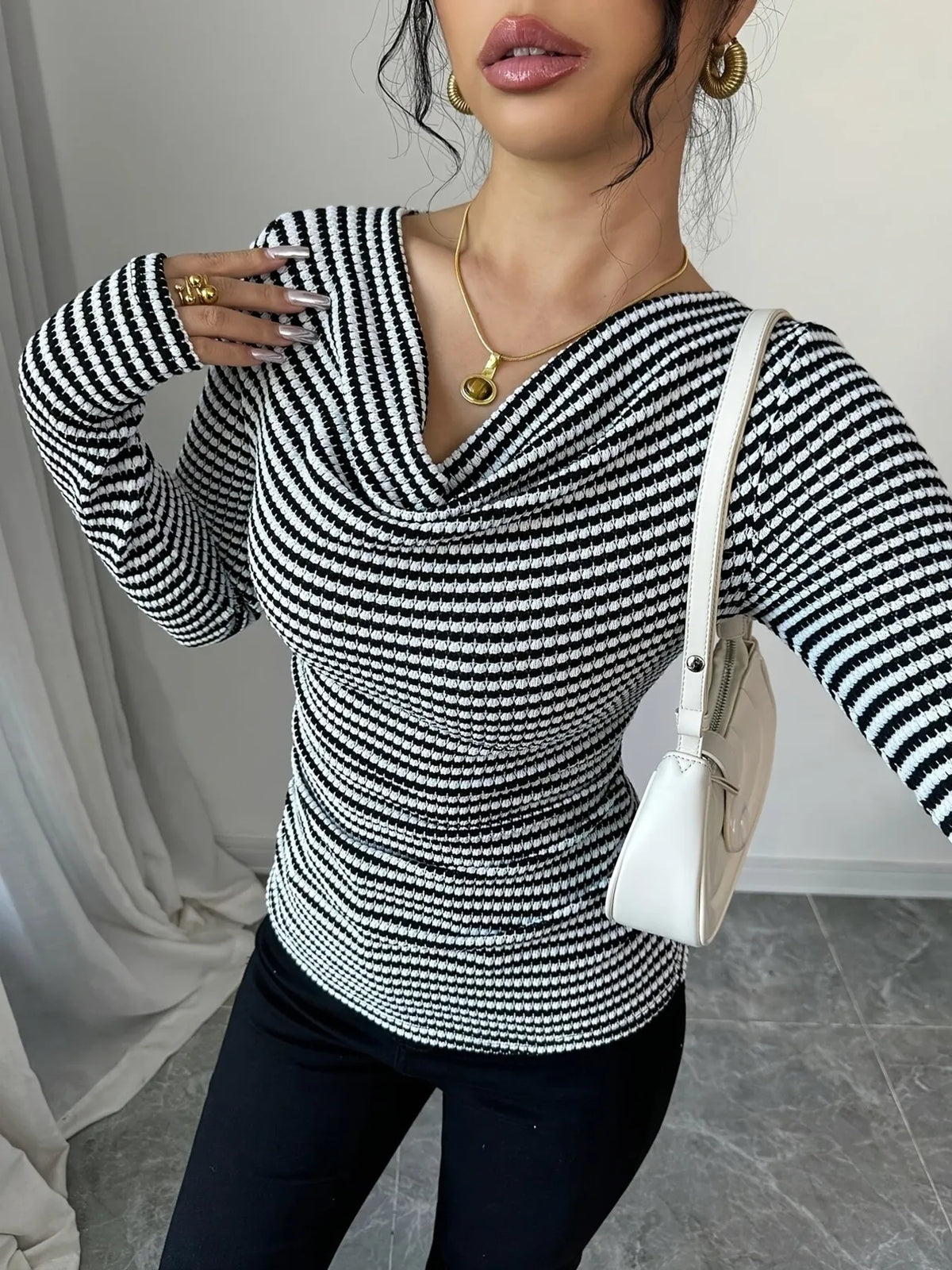 Striped Cowl Neck Long Sleeve T-Shirt