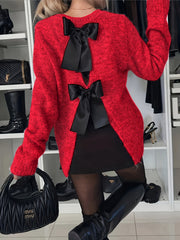 Loose Fit Crew Neck Long Sleeve Knit Pullover - Polyester Blend, Solid Color, Slight Stretch, with Bow Detail for Fall/Winter Collection