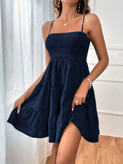Navy Blue Suspender Dress Sleeveless Backless Navy Blue Ruffled Hem Spaghetti Suspender Dress for Women | Polyester Knit, Machine Washable, All-Season Style, Elegant
