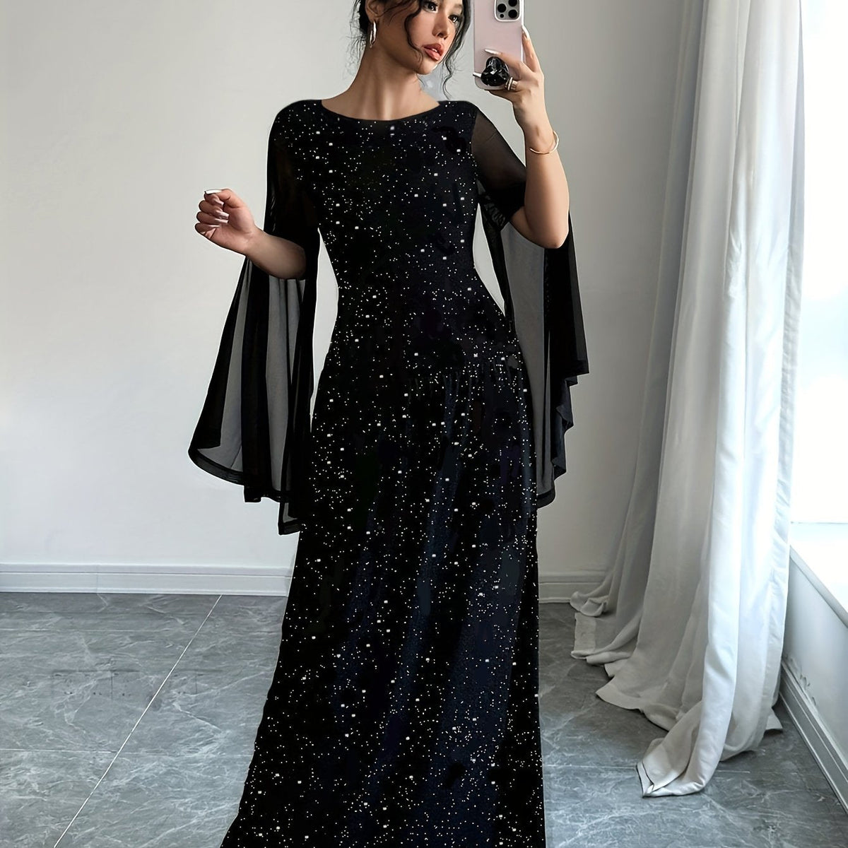 Elegant Glitter 1pc Polyester Maxi Dress for Women - Boat Neck Long Sleeve with Zipper and Side Slit - Fitted Knit Fabric Solid Color All-Season Party Gown
