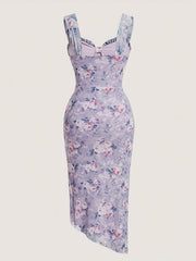 Elegant Square Neck Bodycon Floral Print Dress - Split Hem, Women's Clothing for Spring & Summer