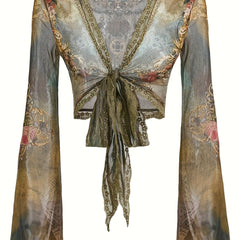 High Stretch Deep V-Neck Print Long Sleeve Crop Top for Women - Tie Detail, Machine Washable - Perfect for Spring/Summer/Fall