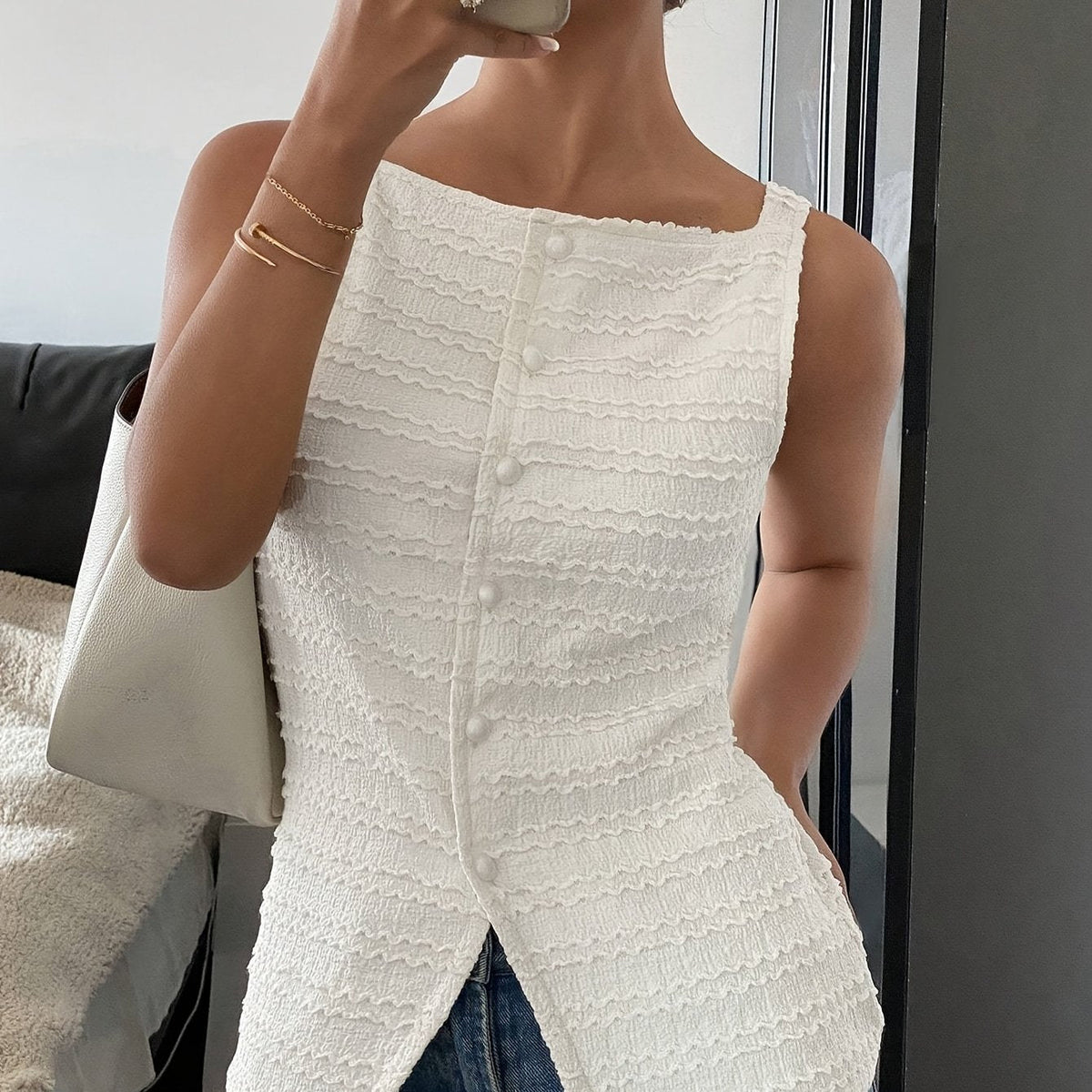 Sleeveless Textured Cardigan Elegant Shirt Women's square collar cardigan buttonless sleeveless textured horizontal striped elegant shirt, waist-tightening top, commuting minimalist office old money loose, simple Women's to