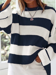 Long Sleeve Acrylic Pullover Sweater - Women's Casual Rib-Knit Crew Neck, Drop Shoulder, Loose Fit, Solid Color, All Season Knit Fabric Top