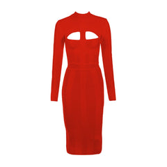 Women Bodycon Bandage Dress White Long Sleeve Hollow Out Club Dress Vestidos Celebrity Evening Party Midi Dress