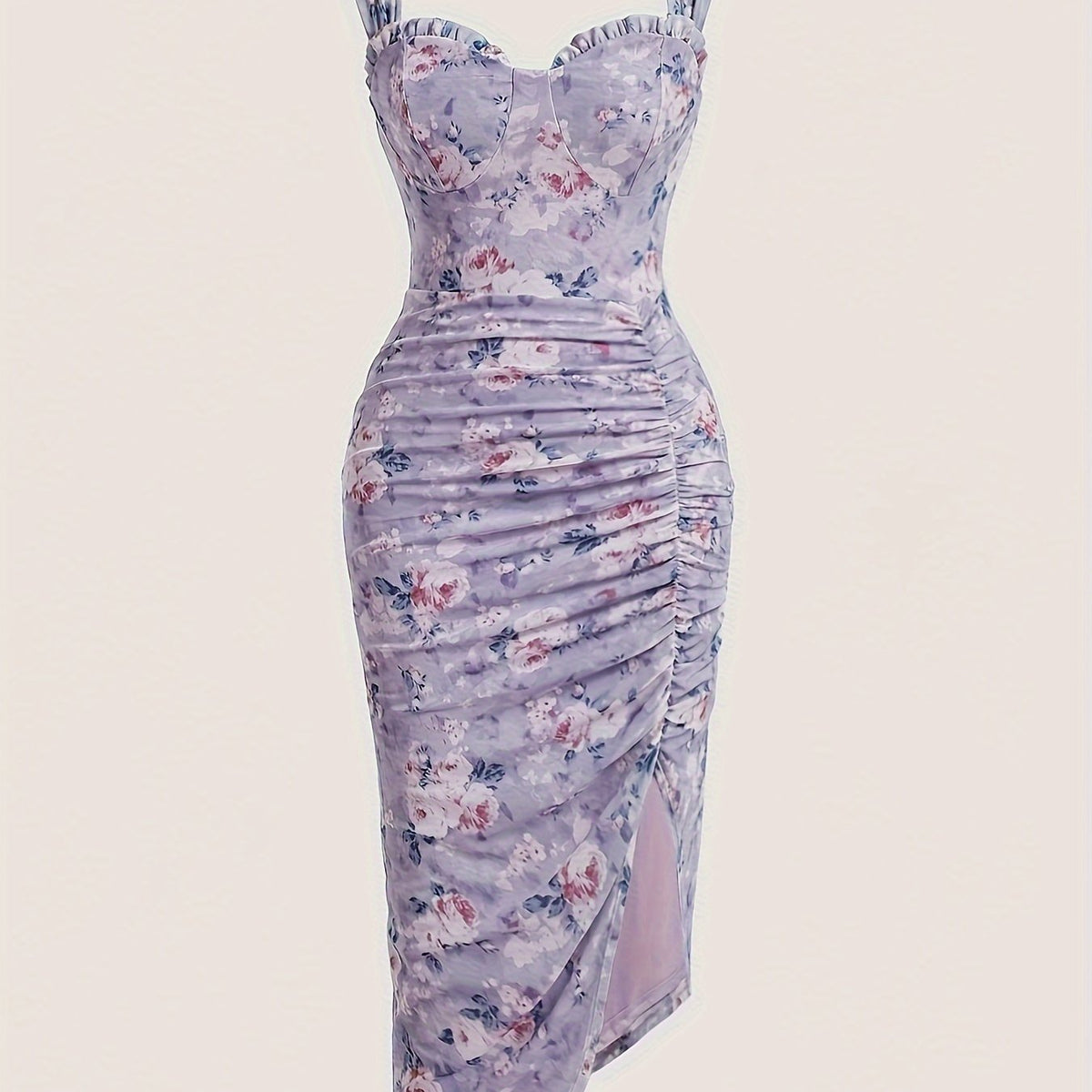 Elegant Square Neck Bodycon Floral Print Dress - Split Hem, Women's Clothing for Spring & Summer