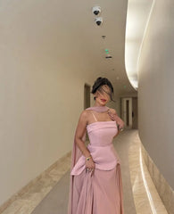 Strapless Satin Pink A Line Evening Dress 2025 Saudi Arabic Formal Gown Cape Prom Dress Wedding Party Gown Customized