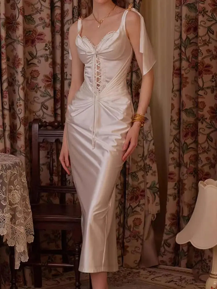Lace Long Dress With Detachable Garland Elegant Style Backless Sleeveless Bridesmaid Satin Ladies Dress