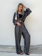 Women Casual Summer Denim look Long sleeve blouse pants sets