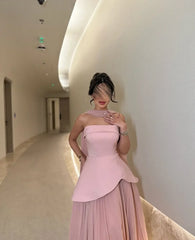 Strapless Satin Pink A Line Evening Dress 2025 Saudi Arabic Formal Gown Cape Prom Dress Wedding Party Gown Customized