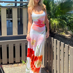 Flowers Printing Strap Backless Beach Dress