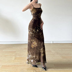 Vintage Mesh Tie Dye Flowers Printed Dress