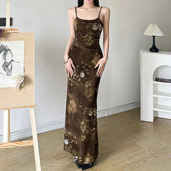 Vintage Mesh Tie Dye Flowers Printed Dress