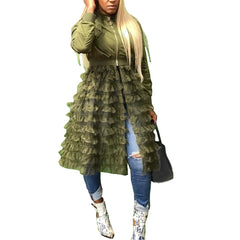 Jacket Women Long Sleeve zipper dress coat  mesh lace Ruffle Patchwork long Jacket