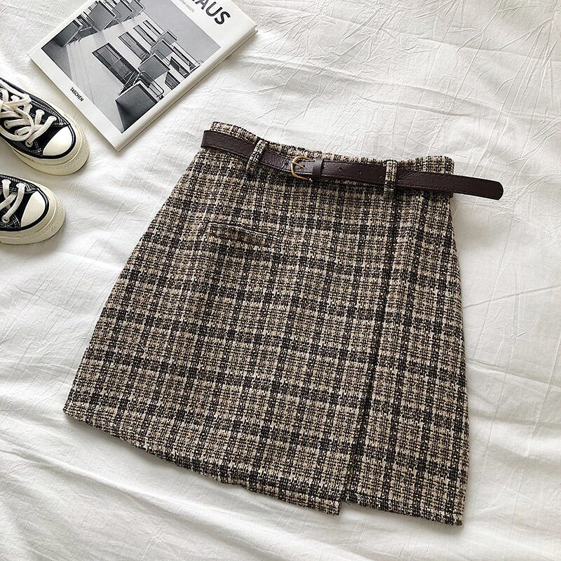 High Waist A-line Mini Skirt Vintage Casual Women Plaid Skirt Chic Sashes Korean style Lady Skirt Female Autumn Sweet