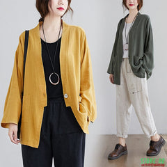 Retro Korean Loose Plus Size Long Solid Color Cardigan Suit Jacket Spring New Trend V-Neck Cotton And Linen Shirt Top Zh155