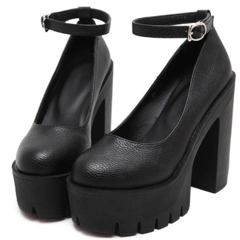 Woman Thick High Heels Shoes Ladies Sexy Platform Pumps Gothic Punk Style Ankle Strap Casual Shoes Ruslana Korshunova Model Pump