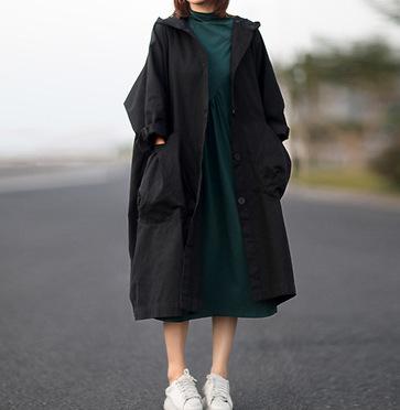 Johnature Autumn New Loose Plus Size Hooded Single Breasted Windbreaker Simple Casual Solid Color All-match Women Long Coat