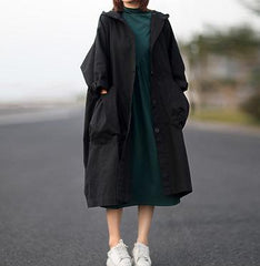 Johnature Autumn New Loose Plus Size Hooded Single Breasted Windbreaker Simple Casual Solid Color All-match Women Long Coat