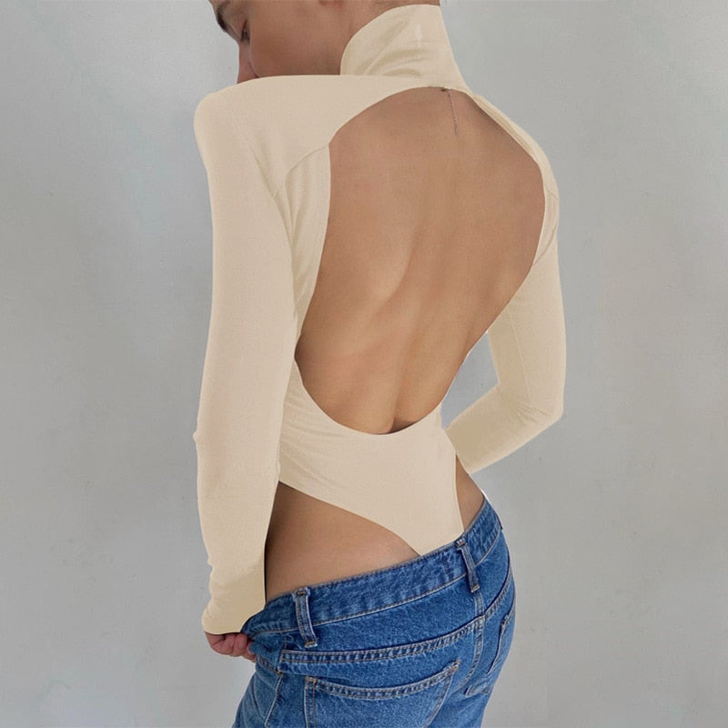 Sexy Backless Bodysuits Turtleneck Elegant Club Party Women's Tops One Piece Outfit High Waist Bodysuit Rompers