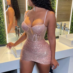 Autumn Winter Women Sleeveless Bling Bling Low Cut Skinny Sling Dress Contrast Mesh Bodycon Cami Sequin Bodycon Dress