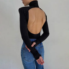 Sexy Backless Bodysuits Turtleneck Elegant Club Party Women's Tops One Piece Outfit High Waist Bodysuit Rompers