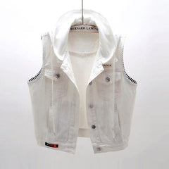Plus Size 5XL White Hooded Denim Vest Coat Women New Autumn Casual Short Sleeveless Jacket Single-Breasted Jeans Waistcoat G1035