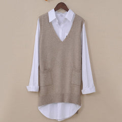Long Knitted Vest Women V-neck Solid Polly Pocket Plus Size Sleeveless Vest Pullover Gilet Femme Korean Casual Female Vest 4XL
