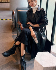 Spring Black Oversized Long Waterproof Leather Trench Coat for Women Long Sleeve Loose Korean Fashion Clothing