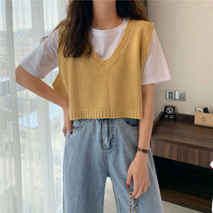 Sweater Vest Autumn winter All-match Basic Fashion Ladies Jumpers Lovely Candy Color V-neck College Girls Cropped Knitwear