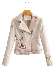 New Arrival Autumn Fashion Women Embroidery PU Leather Jacket Chic Rivets with Belt Biker Jackets Zippers Ladies Coats Outerwear