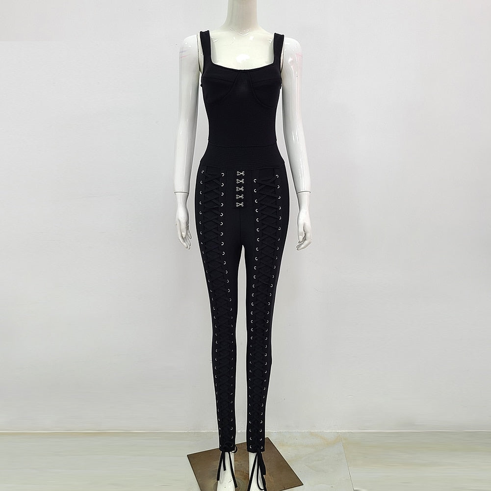 High Quality Black White sleeveless Weaving Rayon Bandage Jumpsuit Cocktail Party Bodycon Jumpsuit Vestidos