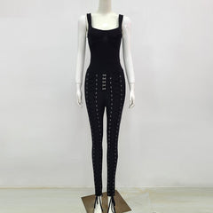 High Quality Black White sleeveless Weaving Rayon Bandage Jumpsuit Cocktail Party Bodycon Jumpsuit Vestidos