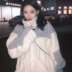 Embroidery Imitation Lambswool zip-up clothes women hoodie Autumn Winter Korean style velvet tops oversize sweatshirt