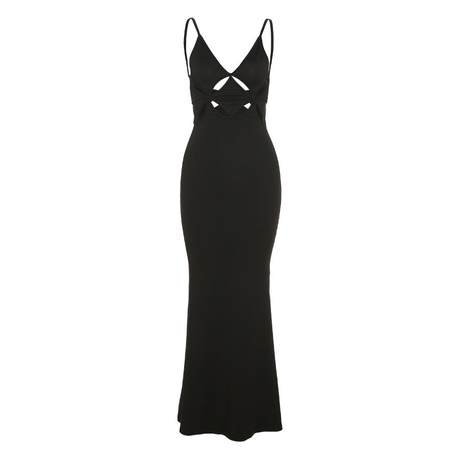 Fashion Long Evening Dress Suspenders Sleeveless Hollow Sexy Low-Cut Slim Elegant Retro Style Beautiful Women Party Wear