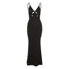 Fashion Long Evening Dress Suspenders Sleeveless Hollow Sexy Low-Cut Slim Elegant Retro Style Beautiful Women Party Wear