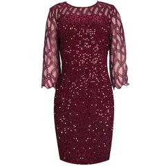 Women's Summer Dress Elegant Sequin Evening Party Dresses Mesh Patchwork Casual Midi Dress Wine Red Wedding Club Outfits