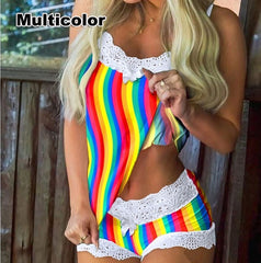 Sexy Women Pajamas Set Elegant Strap V-Neck Lace Sleeveless Tops Mini Shorts Suits Sweet Pink Bowknot Pyjama Home Sleepwear Sets