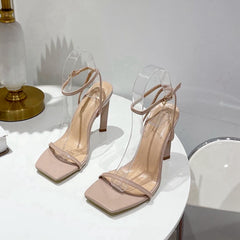 Summer New Narrow Band Women Sandals Shoes Thin High Heel Square Toe Ladies Ankle Buckle Strap Sexy Dress Pumps S