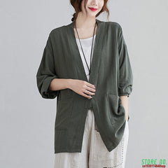 Retro Korean Loose Plus Size Long Solid Color Cardigan Suit Jacket Spring New Trend V-Neck Cotton And Linen Shirt Top Zh155