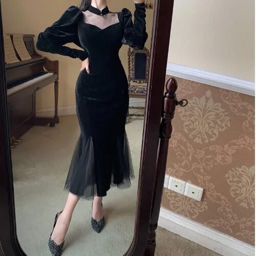 Elegant Mesh Velvet Black Long Dress Women Vintage Gothic Slim Party Dresses Female Winter Sexy Split Hollow Christmas Dress New
