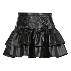 Gothic Bandage Pu Pleated Skirt Darl Black Leather High Waisted Mini Skirts Women Fashion Preppy Style Streetwear