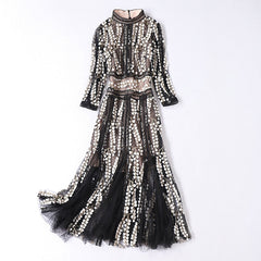 autumn new mesh round neck seven-point sleeve stitching autumn and winter dress female