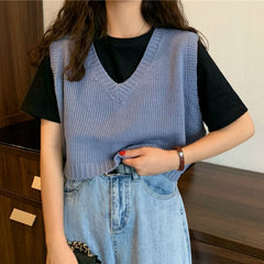 Sweater Vest Autumn winter All-match Basic Fashion Ladies Jumpers Lovely Candy Color V-neck College Girls Cropped Knitwear