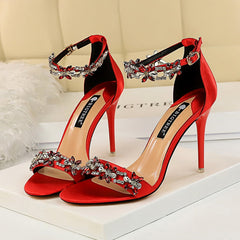 Women 9cm High Heels Crystal Sandals Wedding Bridal Stiletto Heels Sandles Glitter Prom Elegant Stripper Satin Strap Shoes