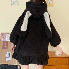 Japanese Winter Women Lolita Outerwear Hooded Rabbit Ear White Black Lambswool Zipper Coat Cute Kawaii Thick Warm Bunny Jacket