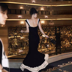 Pbong cybergoth dress to impress French Style Black Knitted Sling Dress Women's Summer Step Lotus Elegant Slim Slimming Fishtail Dress