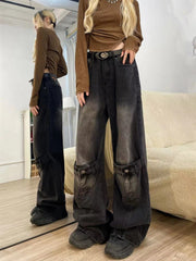 Pbong grunge dti American-Style Retro Black Stitching Ripped Jeans Women's High Street Loose Straight Wide-Leg Mopping Pants