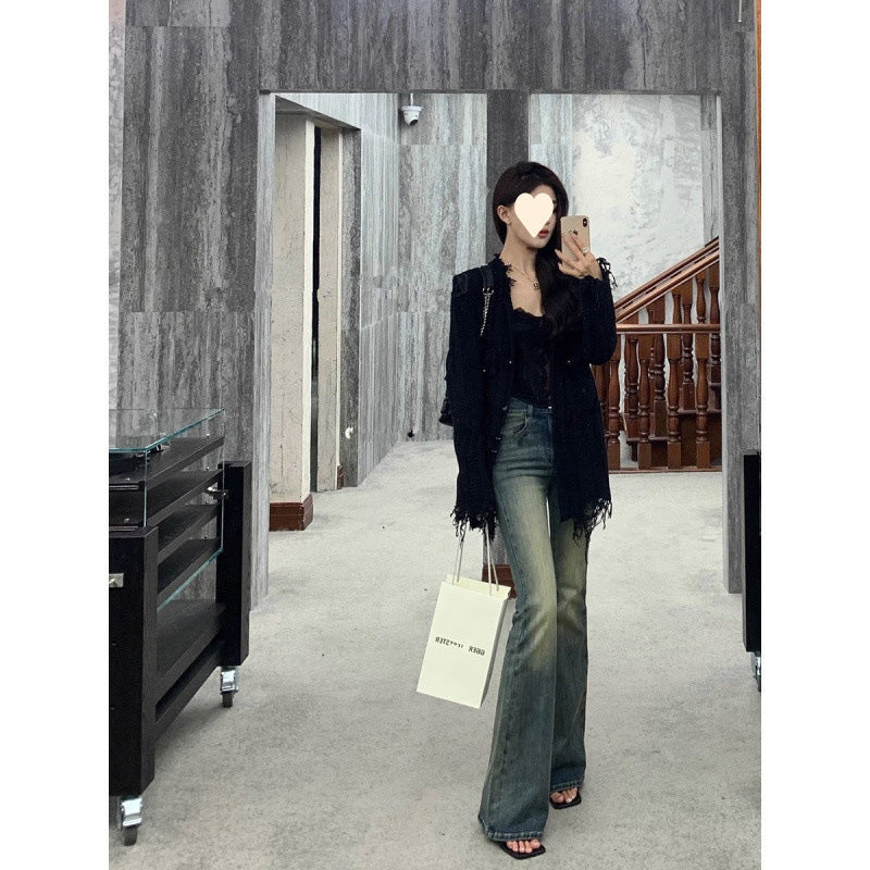 Pbong grunge outfits Tall Lengthened Retro Distressed Slim Fit Skinny Jeans American High Street High Waist Straight Mop Flared Pants for Women